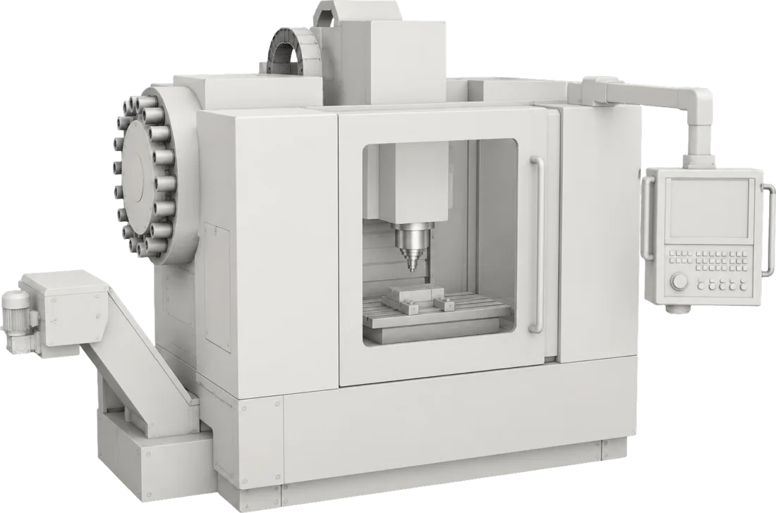 Un centro di lavoro CNC con la porta e il quadro comandi