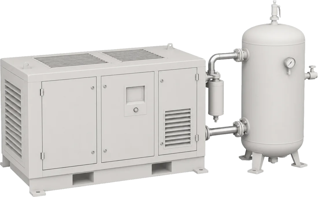 Un compressore a vite accanto al serbatoio dell'aria